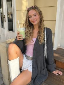 Women's Autumn/Winter Casual Minimalist Loose V-Neck Cardigan Jacket Fall - Grey - View 3