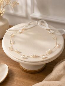 1pc Children's Simple Pearl Headband, Palace Style Hair Accessory With Ribbon, Suitable For Daily Wear, Birthday Party Styling And Casual Girls Hair Accessory - Gold - View 5