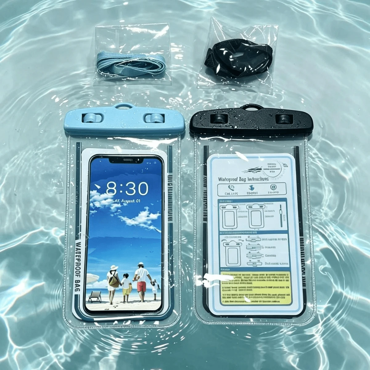 Wasserdichte Handy-Tasche, hochtransparenter PVC-Material, geeignet für Schwimmen, Tauchen und Strandurlaub. In Schwarz und Blau erhältlich, kompatibel mit Handys unter 7,2 Zoll.