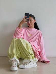 Women's Striped Green & White Casual Long Pants, Ruffle Hem, Drawstring Design, Creating A Relaxed Preppy Style - Green - View 3