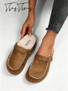 Women's New Winter Boken Ultra-Light Fleece Lined Half-Slip Thick Sole Loafers, Casual Retro Forest Punk Style, Essential For Dating And Vacation - Brown - View 3