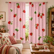 2 Pieces Of High-Definition Pink Strawberry Heart Pattern Decorative Curtains. Durable And Not Prone To Fading. Hang With Rod Bag. Suitable For Bedroom And Living Room As Decorative Curtains For The Home. - Multicolor - View 2