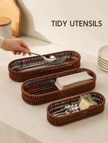 1pc Woven Rattan Storage Tray Basket, Aesthetic Home Storage Box, Suitable For Kitchen, Bathroom, Vanity, Bedroom And Office, Rectangular Desktop Organizer, Can Hold Tableware, Cosmetics, Jewelry, Snacks, Tea Bags, Keys And Daily Essentials, Autumn Winter Home Decor - Brown - View 4