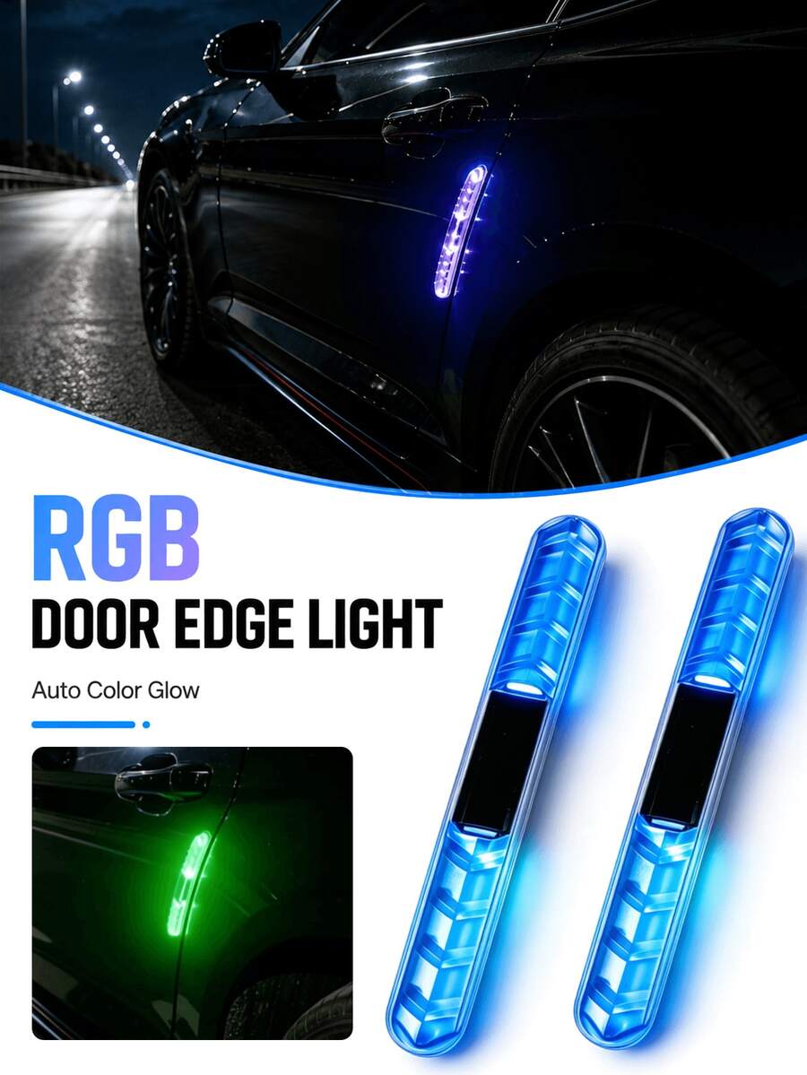 1/2件組 太陽能車門邊緣防撞LED燈條，彩色LED裝飾燈，適用於汽車與摩托車