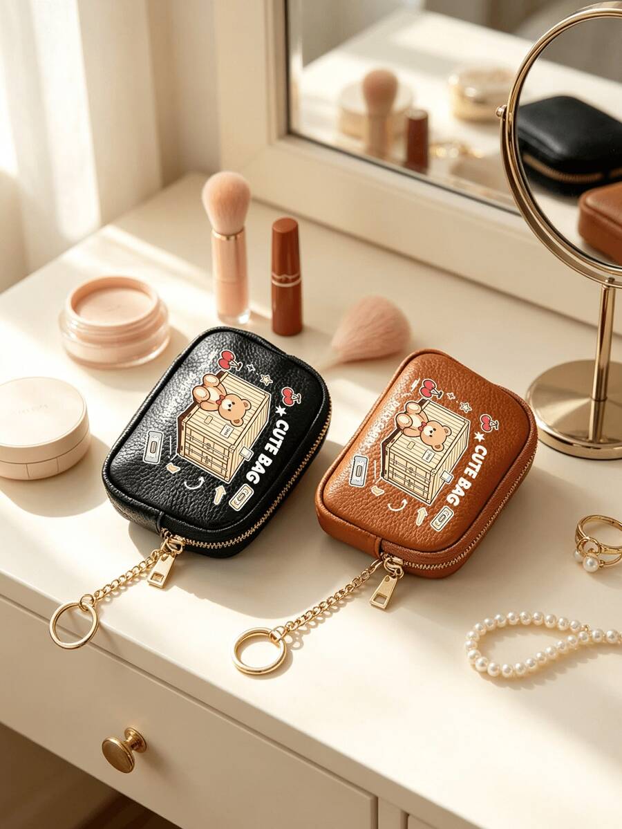 Cute Cartoon Bear Pattern Mini Coin Purse, Multi-Functional PU Leather Keychain Wallet With Card Slots, Portable Change Holder For Daily Use - Multicolor - View 1