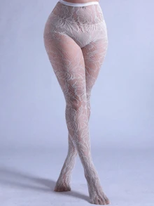 1pc Plus Size Women's Jacquard Fishnet Tights, Leaf Hollow Out Leggings, Sexy & Fashionable - White - View 4