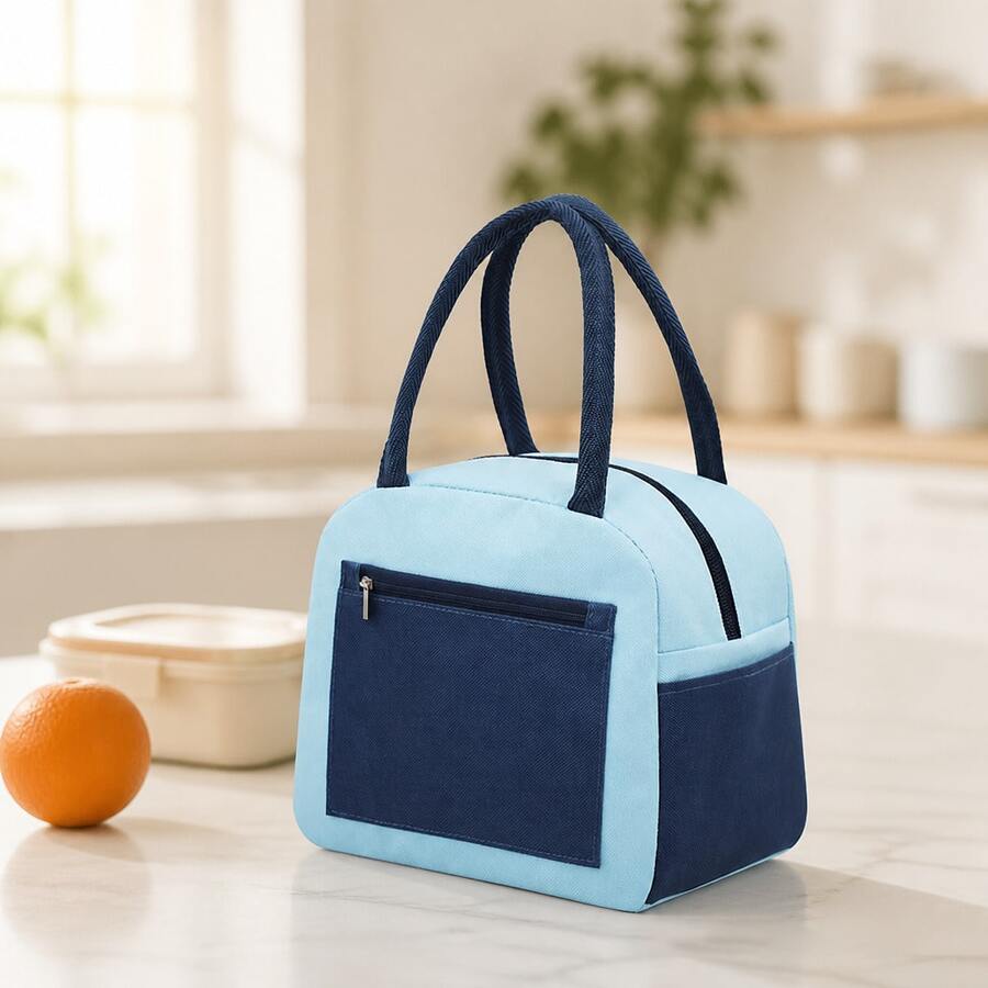 1pc Color Block Insulated Thermal Storage Bag, Waterproof Oxford Tote With Front Zipper Pocket, Portable Leakproof Organizer For Work School Picnic - Multicolor - View 1