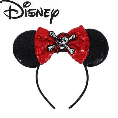 Splendor 1pc Black Sequin Pirate Style Ear-Shaped Headband With Red Bow And Skull Crossbones Patch, Women's Headband, Suitable For Pirate Adventure Theme Park, Travel, Masquerade Ball, Cosplay, Theme Park, Holiday Events, Daily Wear, Stage Performance, Music Festival, Carnival, Photography, Party, Banquet, Graduation Ball