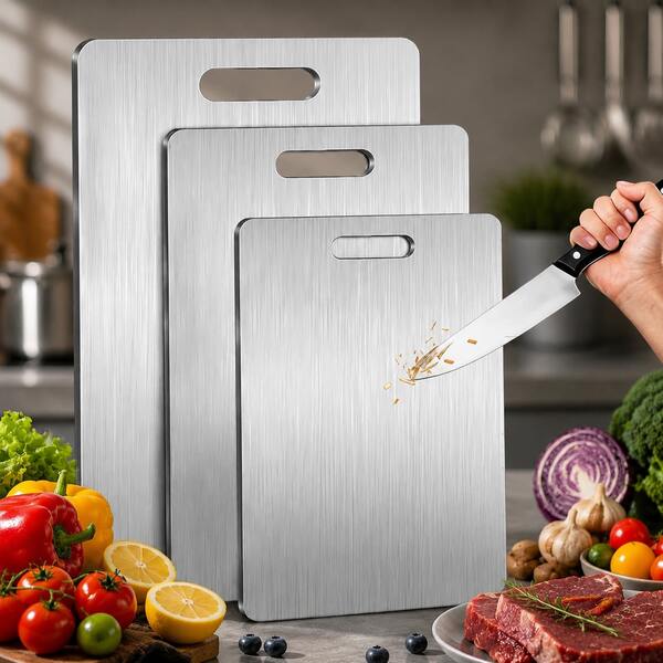 1/2/3 piezas Tabla de cortar de acero inoxidable 304, Tablas de picar de doble cara para alimentos crudos & cocidos, Incluye asas