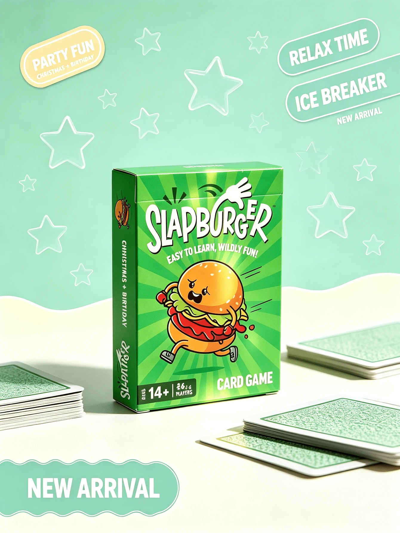 Slapburger | 幽默上癮的對抗卡牌遊戲 家庭遊戲 - 適合生日、教室、營隊、遊戲之夜與朋友的趣味卡牌遊戲 - 玩法簡單，2 至 6 人玩家，聖誕派對遊戲