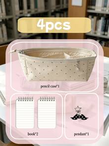 Star Print Canvas Pencil Case Set, Aesthetic Large Capacity Student Stationery Storage Bag. Set Includes 1 Pencil Case, 2 Spiral Notebooks And 1 Cute Charm. - Sets - View 8