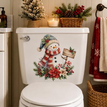 Christmas Snowman Toilet Lid Sticker, Cute Snowman With Poinsettia, Candy Cane, Holly Berry & Pine Cone Decal, Removable Self-Adhesive Xmas Bathroom Toilet Seat Decoration, Holiday Home Decor