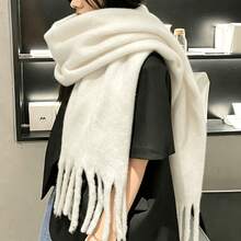 2026秋冬純色女款冬季披肩，尺寸200x40，流蘇圍巾，國慶圍巾，頭巾，厚實，冬季，女款披肩 - 白色 - 查看 3