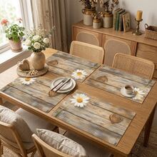 1/4/6pcs Autumn Series Daisy Heart Wood Grain Pattern Printed Placemats, Heat-Resistant Table Mat For Home Kitchen/Dining Table Protection, Kitchen Table Party Scene Decoration - Multicolor - View 3