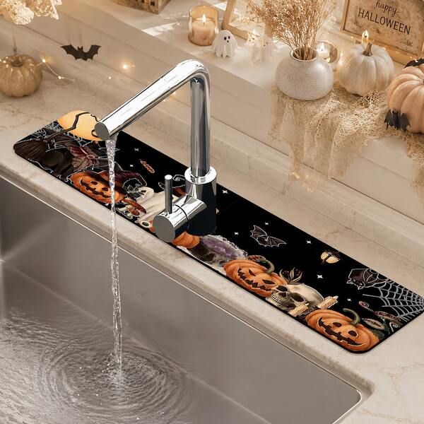 1pc Sink Faucet Absorbent Mat, Halloween Pumpkin Pattern Drainage Mat, Suitable For Kitchen, Bathroom Sink, Countertop, Drainage Mat, Diatomaceous Earth Material, Trimmable, Quick Dry Mat, Halloween Holiday Gift!