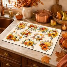 1pc White Sunflower Pumpkin Floral Pattern Kitchen Absorbent Drying Mat, Autumn Pastoral Style, Suitable For Kitchen Countertop, Coffee Machine, Dining Table And Thanksgiving Home Decor - Multicolor - View 5