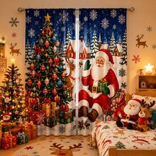 2 Pieces Of Snowscape Village Christmas Printed Semi-Transparent Curtains, Featuring A Magnificent Christmas Tree And A Seated Santa Claus Pattern. Suitable For Christmas Decorations In Living Rooms, Bedrooms And Home Interiors. - Multicolor - View 1