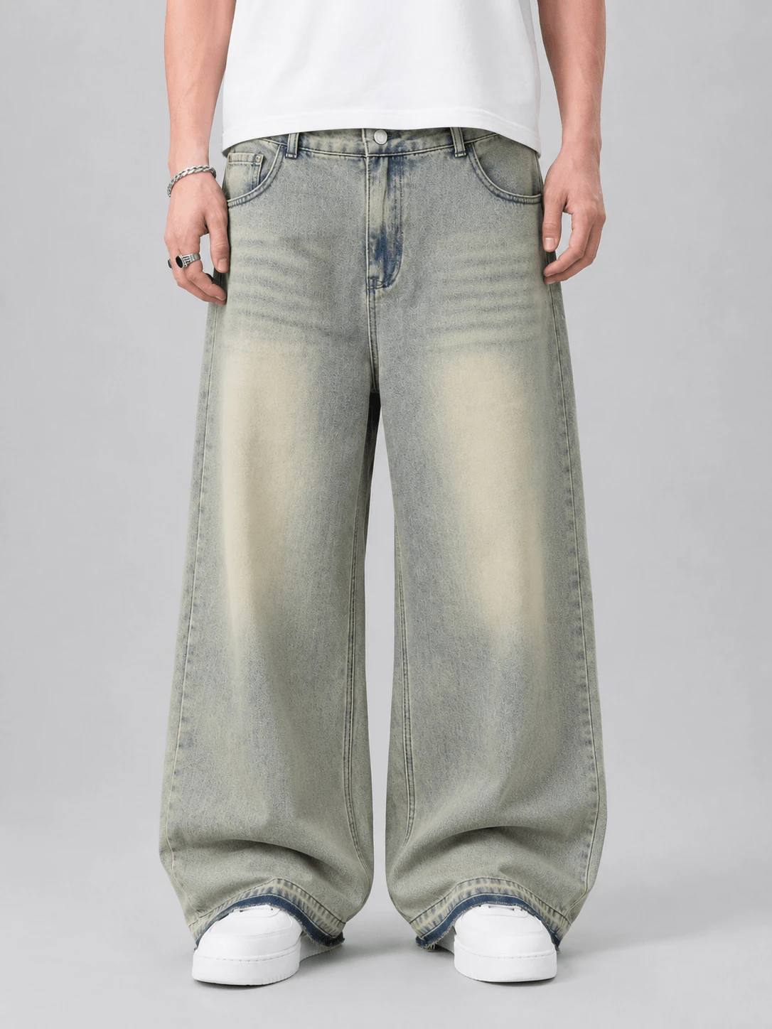 Men's Retro Loose Wide-Leg Jeans, Distressed Frayed Hem, Casual Street Style Suitable For All Seasons - Mustard Yellow - View 1