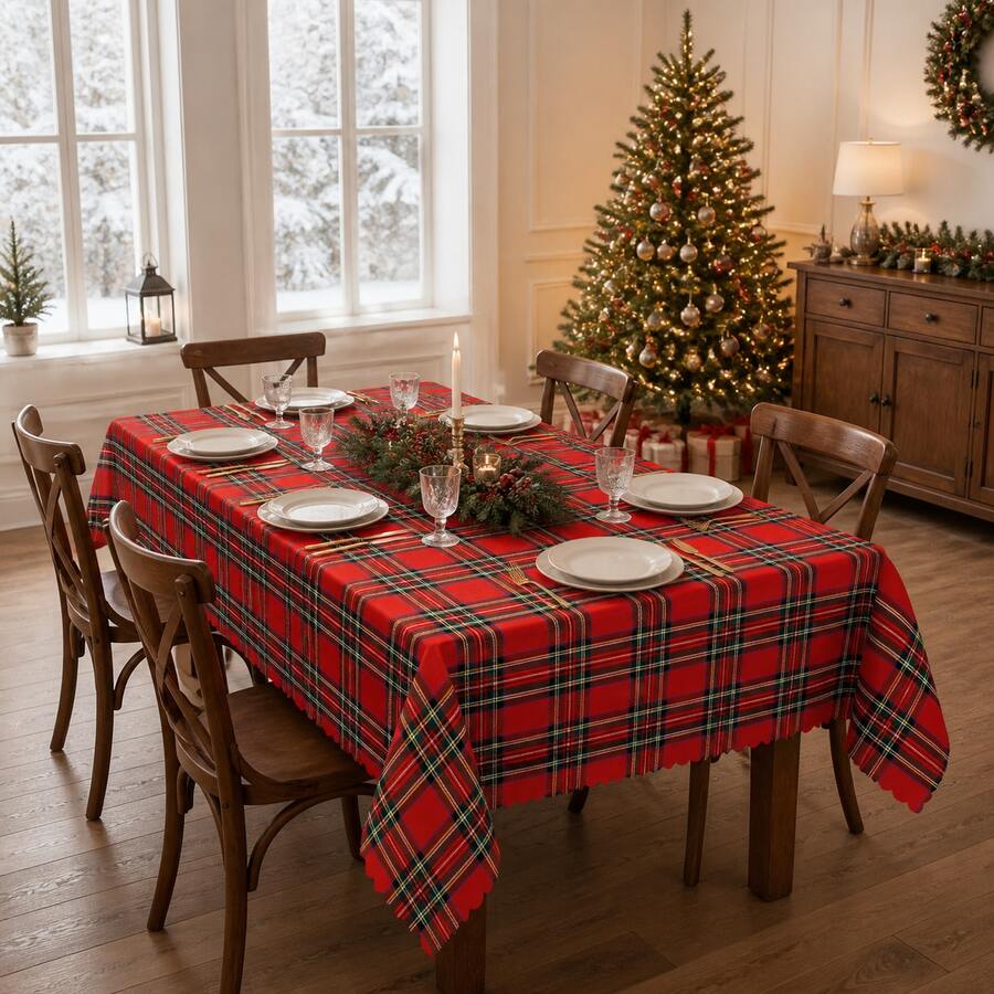1pc Thickened Plaid Tablecloth With Ruffled Edge, Suitable For Christmas And Autumn Home Decor, Red And Green Dual-Color Christmas Tablecloth, Suitable For Holiday Dinner, Daily Dining Table Arrangement (180g/Sqm) - Burgundy - View 1