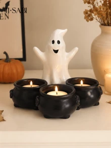 1pc Halloween Ghost Cauldron Tea Light Candle Holder, Ghost Shaped With 3 Cauldron Candle Holders, Spooky Cute Tabletop Decor, Suitable For Halloween Party Home Bookshelf Decoration, Candles Not Included - Ghost Candlestick - View 3