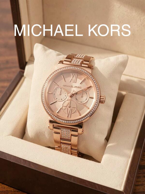 Jam Tangan Quartz Wanita Michael Kors MK4354 Seri Sofie 36mm Dial Emas Mawar Bezel dan Tali Jam Bertabur Kristal Multifungsi Dial Tiga Mata Tali Jam Stainless Steel Emas Mawar Aksesori Jam Tangan Wanita Mewah