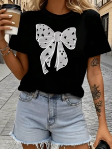 Dot Shaped Bow Tie Women's  T-Shirt, Novelty Shirt, Casual Crew Neck Topfall Tops Women - Black - View 1
