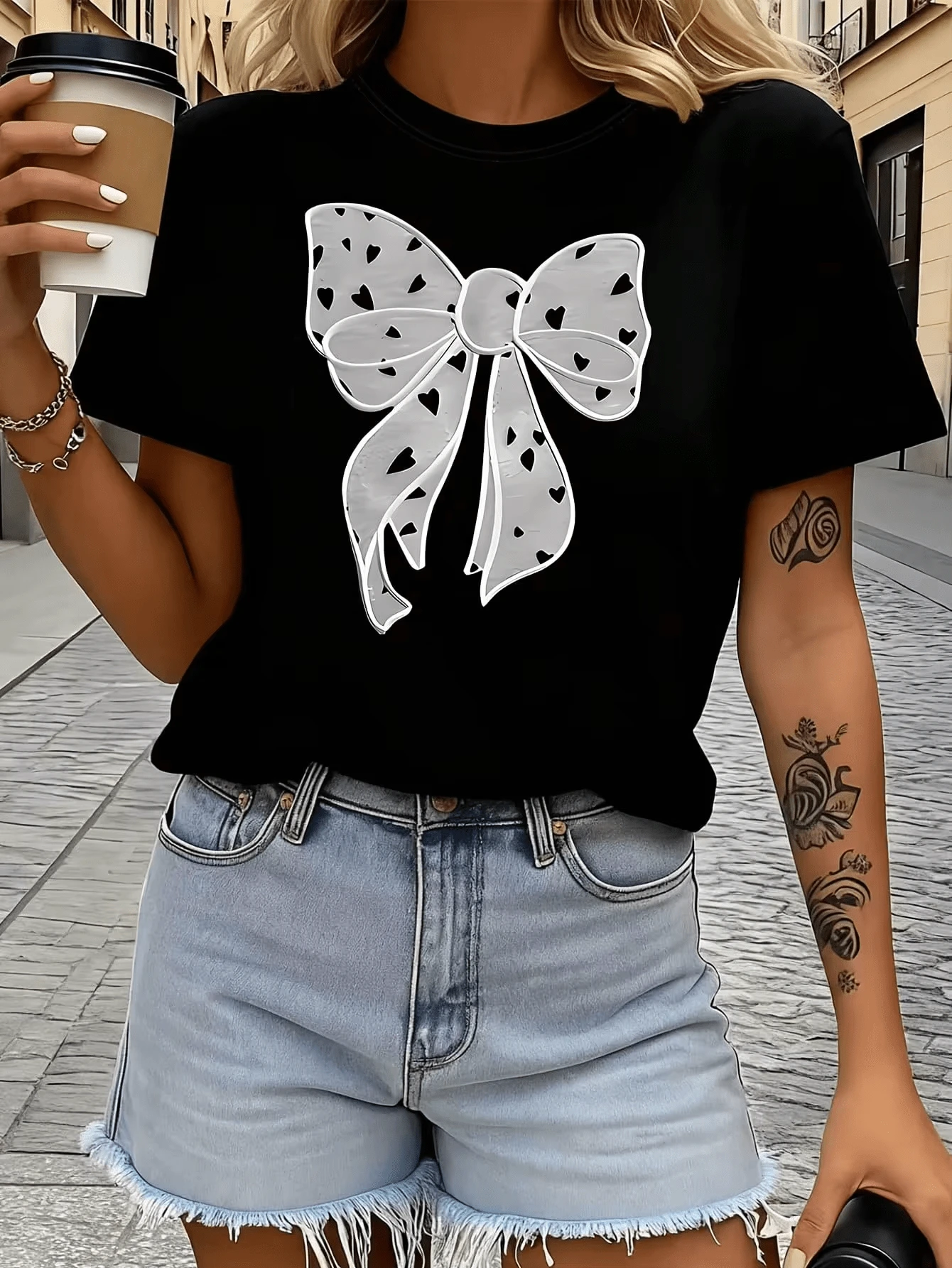 Dot Shaped Bow Tie Women's T-Shirt, Novelty Shirt, Casual Crew Neck Topfall Tops Women - Black - View 1