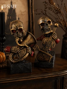 1pc Halloween Skeleton Musician Figurine, 2‑Style Skull Statue Playing French Horn & Cello, Retro Gothic Tabletop Ornament, Spooky Home Decor For Halloween Party Shelf Decoration - Halloween Skull Decor - View 5