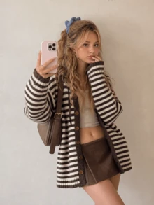 Women's Casual Striped Hooded Mid-Length Knit Cardigan Sweater, Autumn/Winter - Coffee Brown - View 4