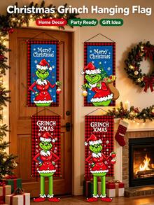 The Grinch The 1PC Christmas Print Hanging Cloth Banner, Hanging Painting Frame, Party Atmosphere Decoration Prop, Home Wall Decor, Store Window Display, Holiday Photo Backdrop, Reusable Christmas Scene Decoration, Easy Installation And Foldable Storage, Suitable For Christmas Party Decor - 110*40cm - View 1