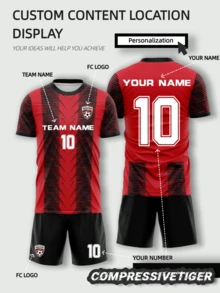 2pcs/Set Red & Black Contrast Football Jersey Set, Dynamic Zigzag Pattern Design, Full Set Top & Shorts Matching Sports Summer - Red - View 1