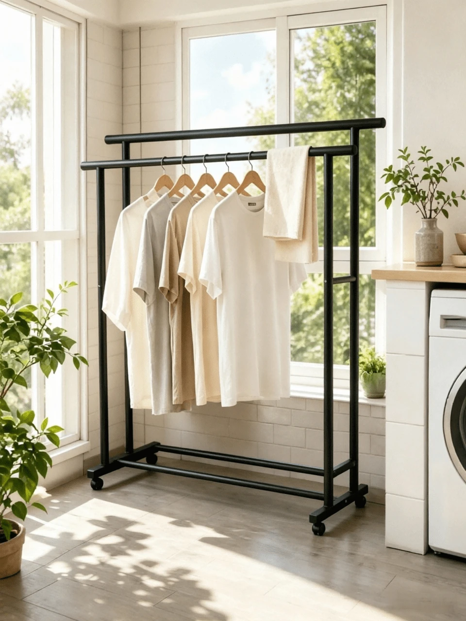 Double‑Rod Floor‑Standing Movable Clothes Rack With Thickened Metal Frame, Universal Casters, Large‑Capacity Garment Hanging, Stable Load‑Bearing, For Both Household Storage And Air‑Drying. - A - View 1