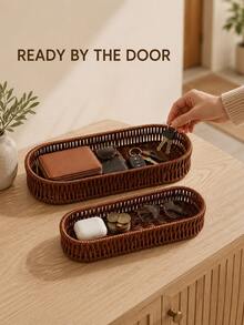 1pc Woven Rattan Storage Tray Basket, Aesthetic Home Storage Box, Suitable For Kitchen, Bathroom, Vanity, Bedroom And Office, Rectangular Desktop Organizer, Can Hold Tableware, Cosmetics, Jewelry, Snacks, Tea Bags, Keys And Daily Essentials, Autumn Winter Home Decor - Brown - View 6