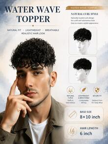 6 Inch Men's Water Wave Human Hair Wig, African Curly Texture, Machine-Made Mesh Base, Breathable Comfortable Real Hair, Natural Short Hair Style, Glue-Free Comfortable Daily Fashion Wig - Natural Black - View 2