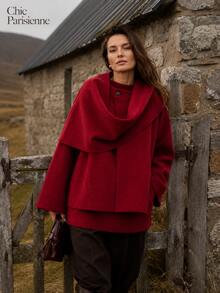 Tiefrote asymmetrische Schal-Strickjacke | Auffällige rote weiche Oberbekleidung | Elegante Winter-Mode-Schicht - Rot - Übersicht 5