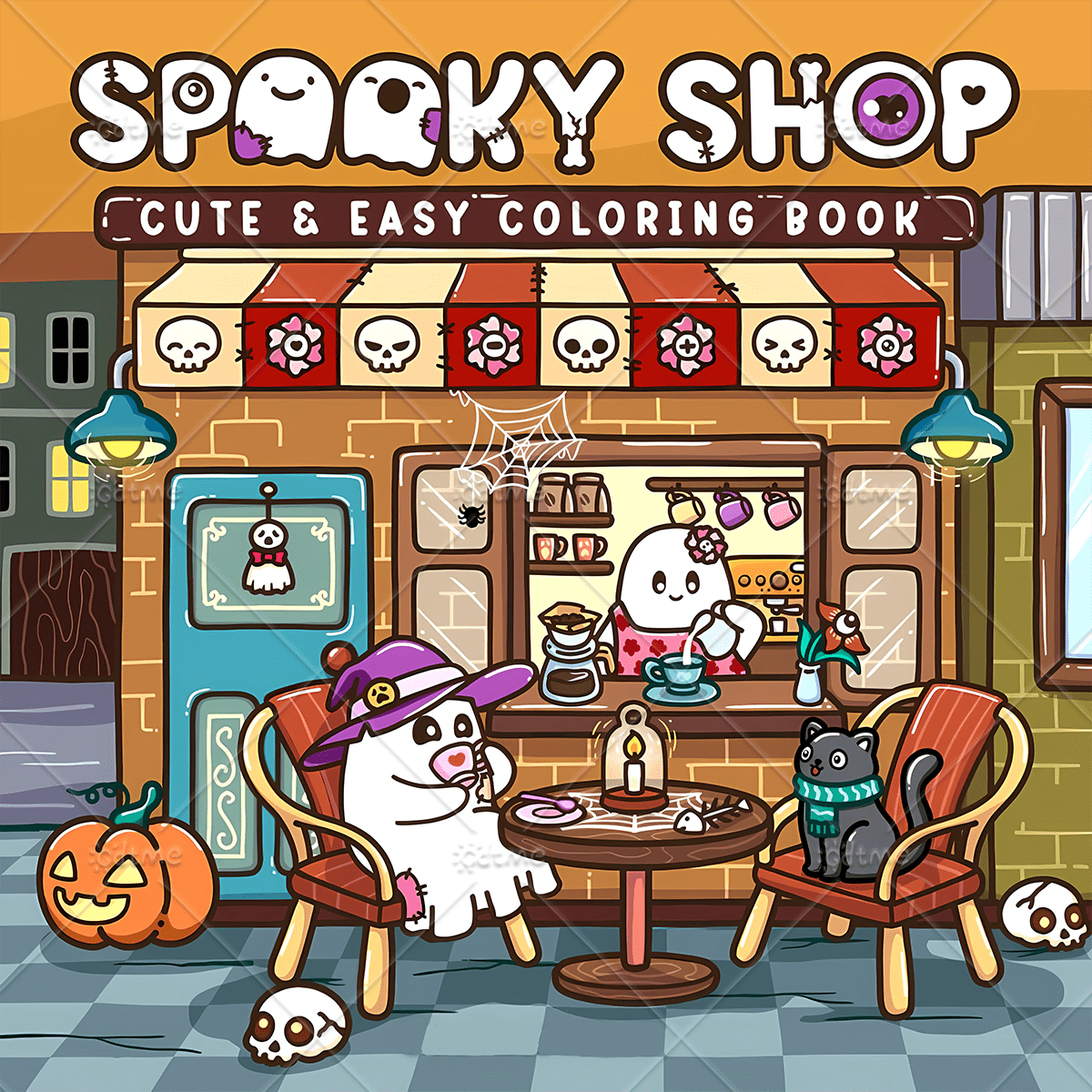Spooky Shop Cute Easy Coloring Book For Adults, 120g Thick Inner Pages, Spooky Ghost Coffee Shop Halloween Themed Large Print Stress Relief Coloring Pages , Creative DIY Art Activity Halloween Holiday Gift (FREE GIFT 1 Protective Backing Sheet)