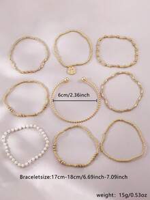 9pcs CCB Faux Pearl Bracelet Set, Cross Layered Stackable Bracelets, Women's Daily Wear, Vacation, Party Accessories - Multicolor - View 6