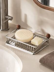 1pc Soap Dish Holder, Stainless Steel And Solid Wood Countertop Organizer With Drain Tray, Multi-Purpose Storage Rack For Bathroom Soap, Kitchen Sponge And Makeup Brush, Space Saving Freestanding Holder For Vanity And Home Organization - Multicolor - View 7
