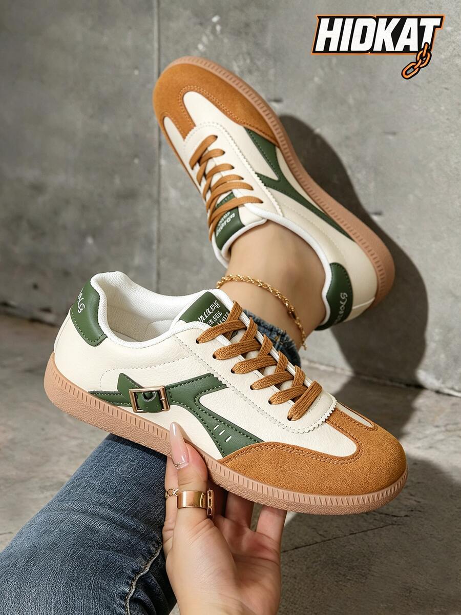 Hidkat 女款夏季訓練鞋,春秋新款薄款休閒平底軟底防滑拼色戶外運動鞋 - 77棕綠色 - 查看 1