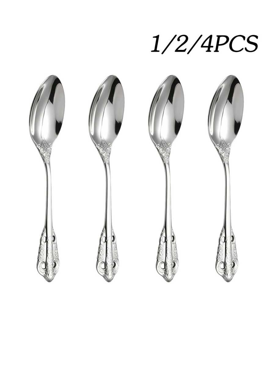 1/2/4pcs Stainless Steel Dessert Spoon Coffee Spoon Ice Cream Spoon Suitable For Afternoon Tea Dessert Shop Restaurant Banquet - Silver - View 1