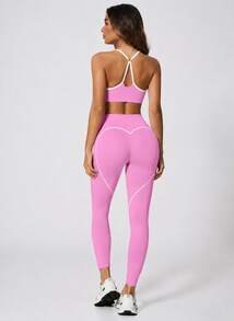 Never me Women's Color-Block Halter Sports Bra And High-Waisted Yoga Pants Set, Tummy Control And Butt-Lifting, Pilates Fitness Daily Wear - Pink - View 3