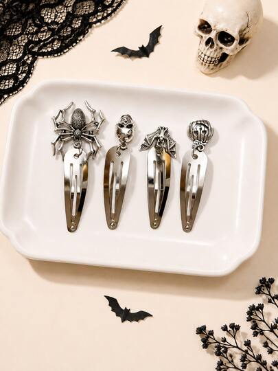 4pcs Halloween Women's 7cm/2.76in Vintage Silver Metal Hair Clips, Spider/Skull/Bat/Pumpkin Element Barrette, Gothic Punk Y2K Style Unique Hair Accessories, Suitable For Halloween Party, Cosplay, Holiday Styling, Music Festival And Daily Wear