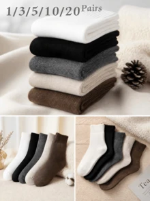 1/3/5/10/20 Pairs Women's Winter Ribbed Fleece Mid-Calf Socks, Thick Soft Fluffy Warm, Home Sleep Floor Socks, Daily Commute, Christmas Back To School Gift - Multicolor - View 17