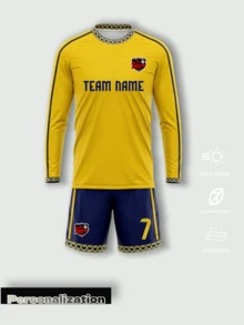 2pcs Set Customized Riyadh 2627 Season, Set Only Includes Long Sleeve Jersey And Shorts, Yellow Base With Navy Blue Vintage Lace Long Sleeve Football Jersey, Exquisite Pattern Collar And Hem Details, Customizable Content On Both Front And Back, Freely Change Player Name And Jersey Number, Customize Team Logo And Team Name, Comfortable And Soft Fabric, Suitable For Football Matches, Team Training, Club Team Building And Daily Wear, Supports Large-Scale Personalized Customization, 2026 Football Project - Yellow - View 2