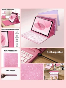 Wireless Bluetooth Keyboard (150mAh) With Detachable Keyboard Case And Stylus Slot, Compatible With Samsung Galaxy Tab, IPad, Redmi Pad SE (Shiny Pink) - Pink - View 3