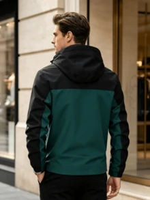 Men's Plus Size Colorblock Long Sleeve Hooded Jacket, Spring/Autumn - Dark Green - View 2