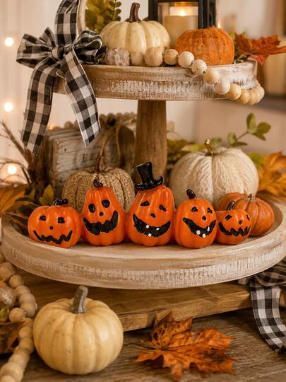 1pc Halloween Pumpkin Decor Set, Cute Jack Pumpkin Statue With Funny Expression And Top Hat, Spooky Style Desktop Decoration, Suitable For Fireplace Mantel, Fireplace Hearth, Bookshelf, Desk, Entryway, Autumn Halloween Party Decoration