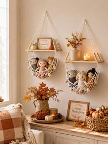 1pc/2pcs Beige Handmade Hanging Shelf, Minimalist Bohemian Style Wall-Mounted Storage Rack, Woven Hammock Design Floating Display Shelf, Multi-Layer Hanging Structure Decorative Storage Rack, Suitable For Living Room, Bedroom, Children's Room, Entryway, Wall Corner, Plant Display, Candle, Photo Frame Storage Decoration, Autumn Thanksgiving, Halloween, Christmas Party Decoration - Beige - View 3