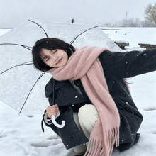 1件2026秋冬純色女款冬季披肩，尺寸200x40，流蘇圍巾，國慶圍巾，頭巾，厚實，冬季女款披肩 - 粉色 - 查看 3