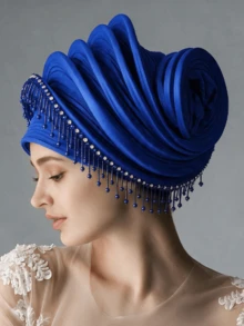 1pc Luxury Shiny Pleated Turban With Bead Fringe, Elegant Wedding Party Head Wrap Hat For Women - Multicolor - View 14